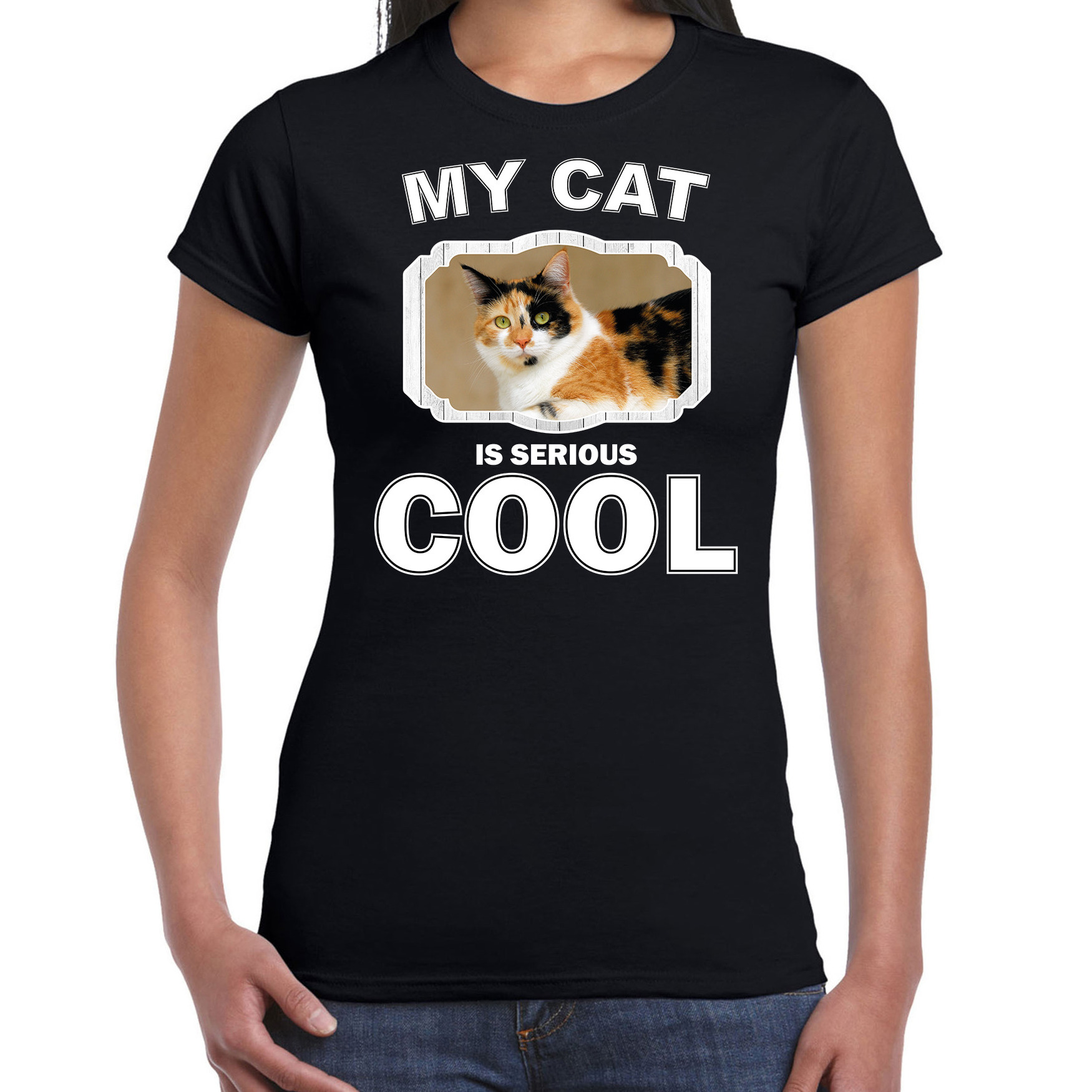 Katten liefhebber shirt lapjeskat my cat is serious cool zwart voor dames