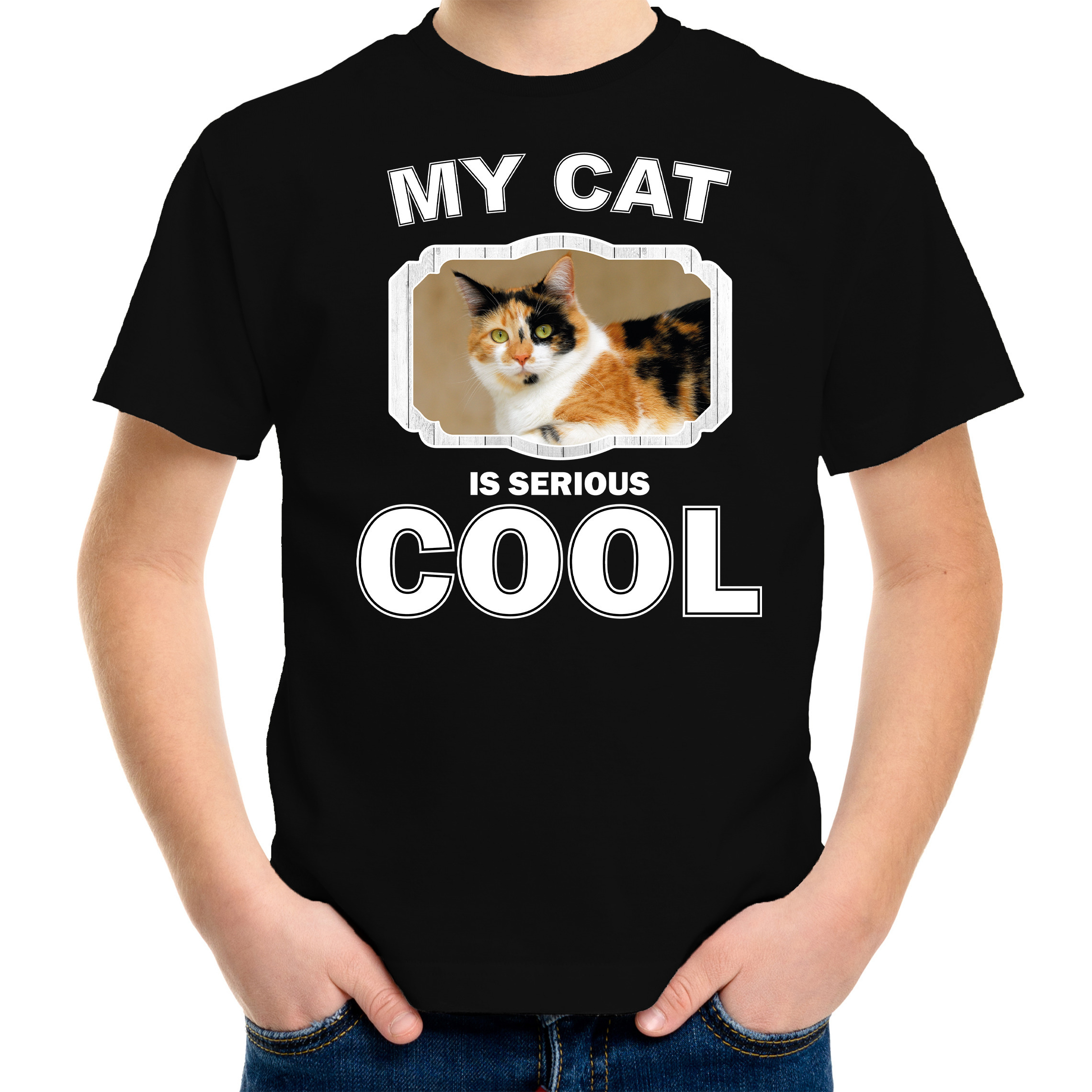 Katten liefhebber shirt lapjeskat my cat is serious cool zwart voor kinderen