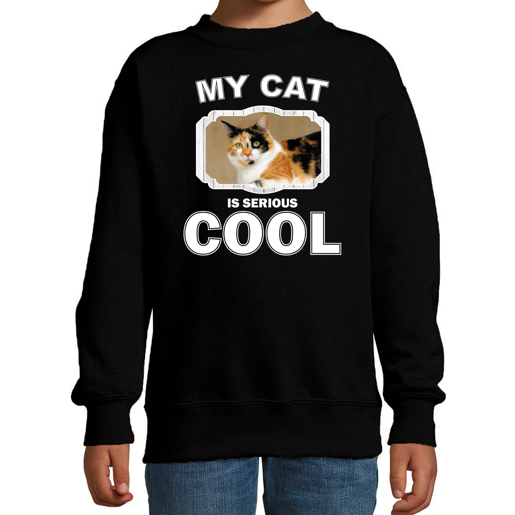 Katten liefhebber trui / sweater lapjeskat my cat is serious cool zwart voor kinderen