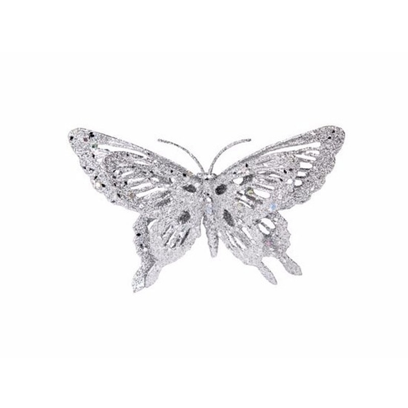 Kerstboom decoratie vlinder zilver 15 cm