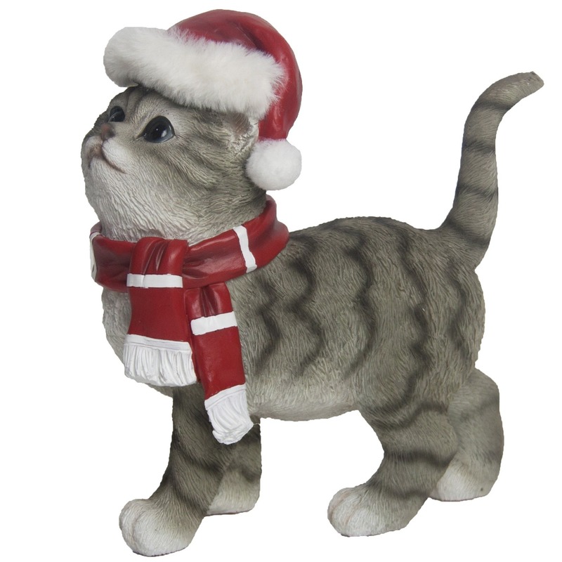 Afbeelding Kerstdecoratie grijze poes met kerstmuts en sjaal door Animals Giftshop