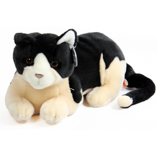 Knuffel kat liggens 30 cm zwart met creme