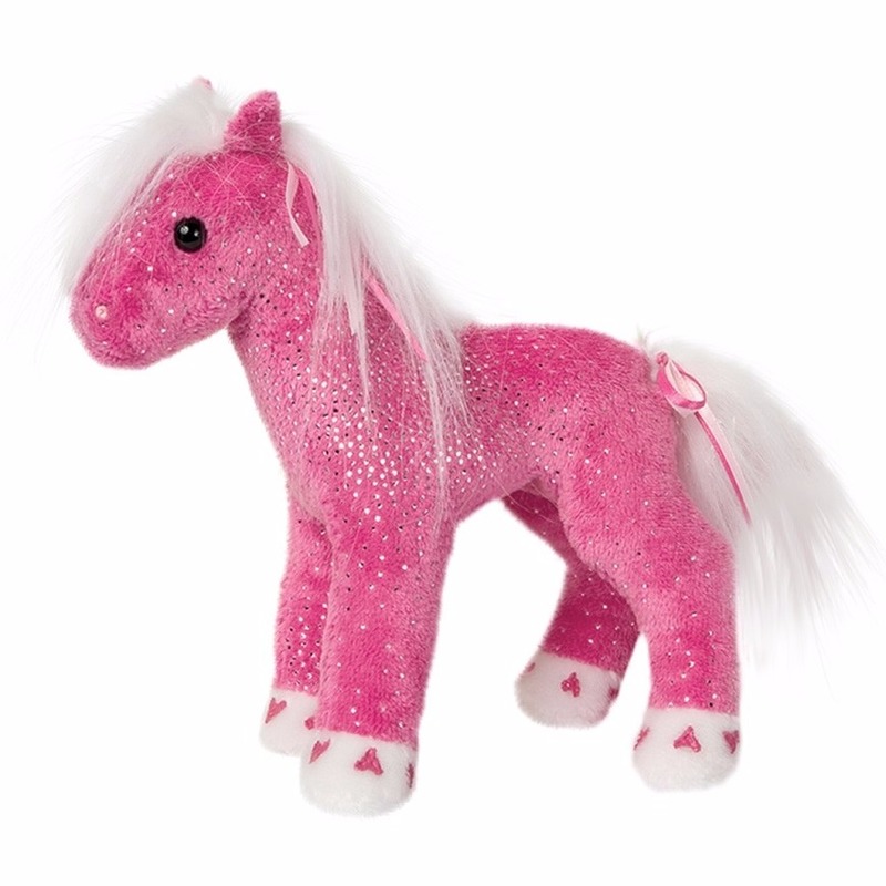 Knuffel paardje roze met glitter 18 cm