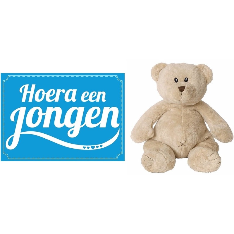 Kraamcadeau beren knuffel 17 cm met Hoera een jongen wenskaart /ansichtkaart