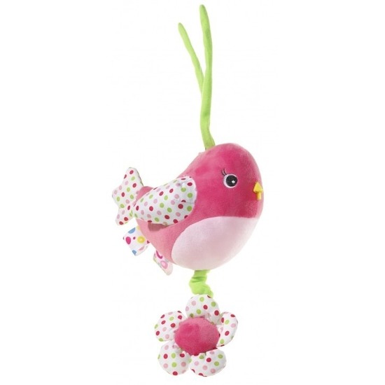 Kraamkado muziekdoos knuffel roze gekleurd vogeltje 15 cm