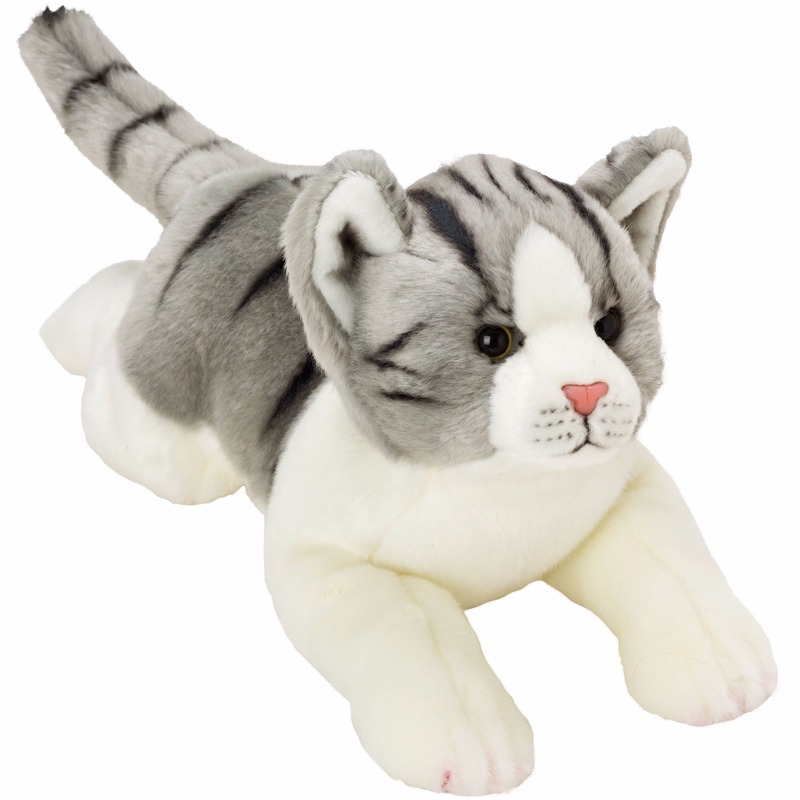 Afbeelding Liggende katten/poezen knuffel grijs/wit 33 cm door Animals Giftshop