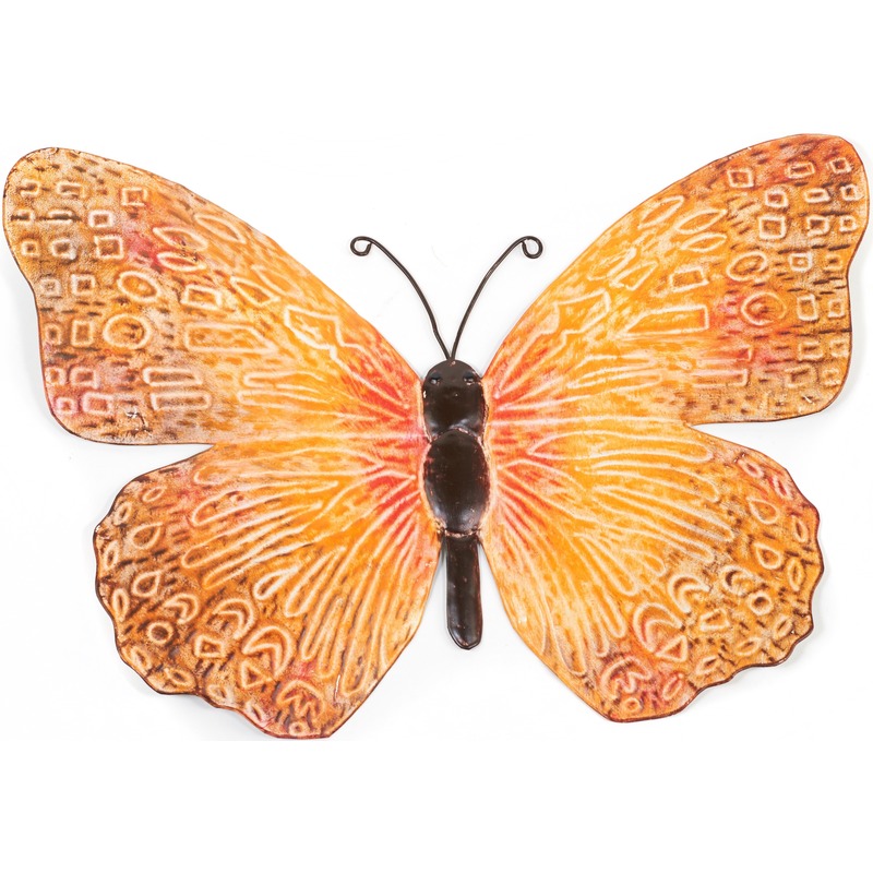 Oranje/zwarte metalen tuindecoratie vlinder 39 cm