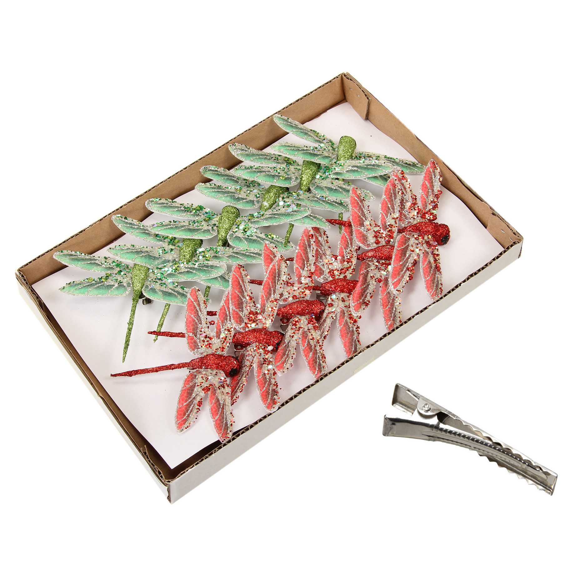 Othmar Decorations libellen op clip - 12x stuks - rood en groen- 10,5 cmÂ