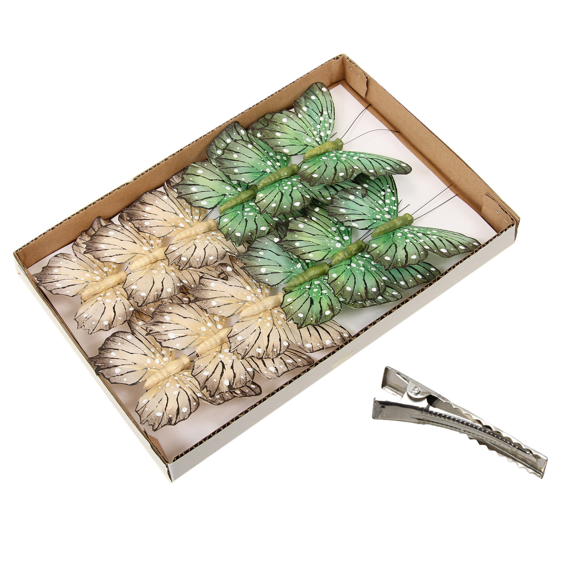 Othmar Decorations vlinders op clip - 12x-groen met beige- 11 cm