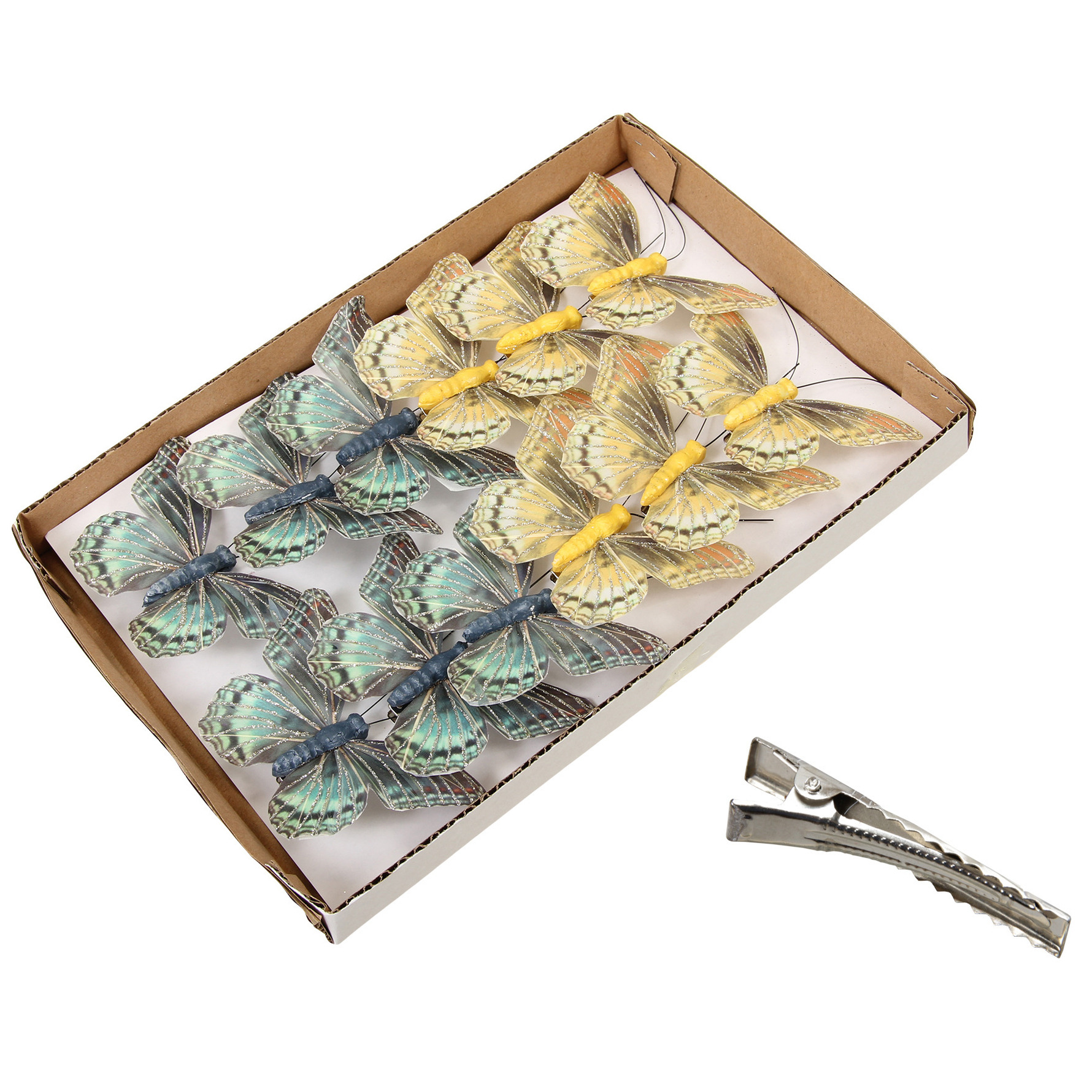 Othmar Decorations vlinders op clip - 12x stuks - groen en goud- 9 cm?