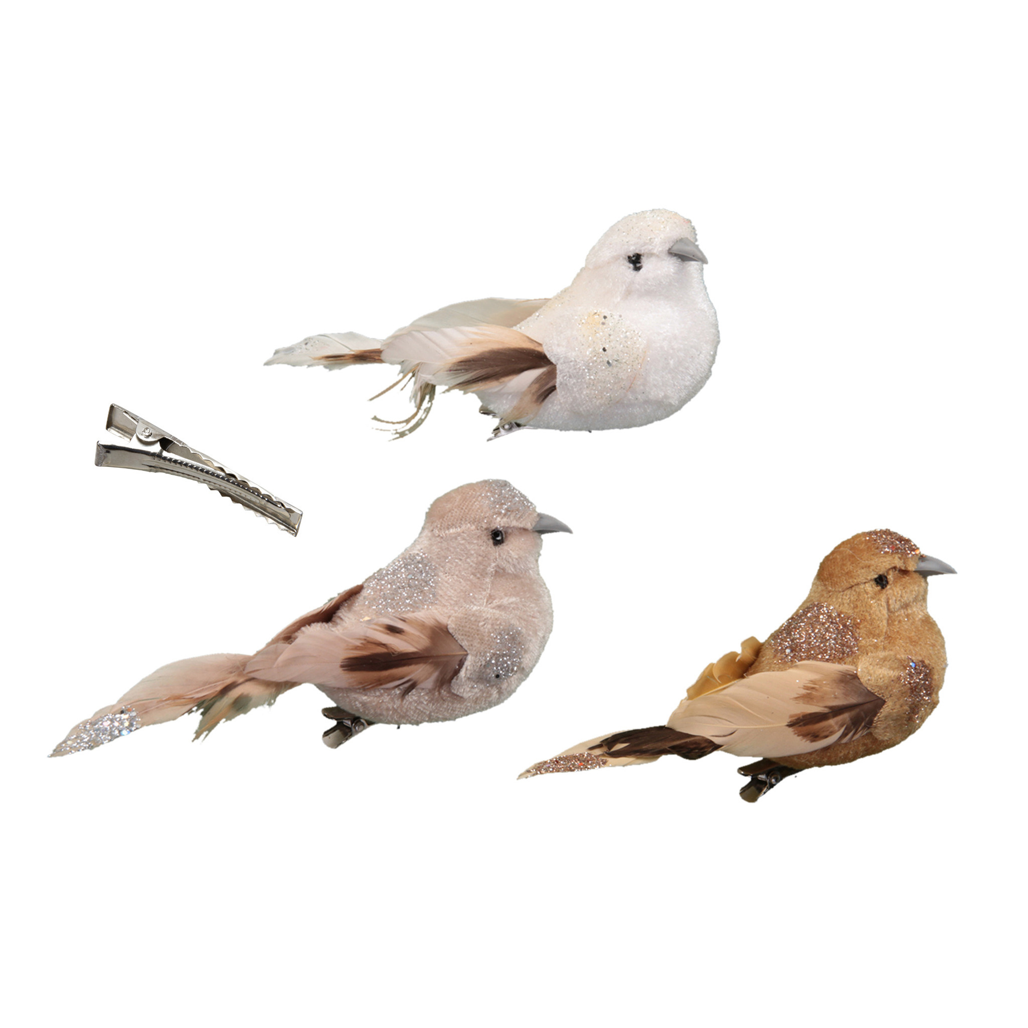 Othmar Decorations vogels op clip - 6x stuks - wit/beige/bruin - 13 cm