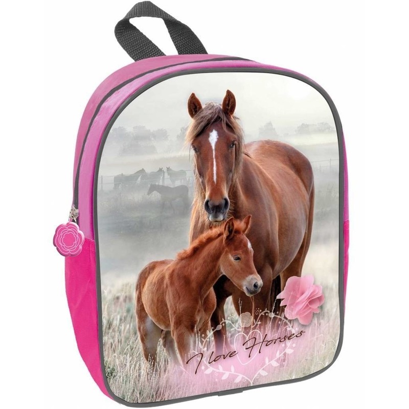 Afbeelding Paard met veulen school rugzak roze voor meisjes 29 x 23 x 10 cm door Animals Giftshop