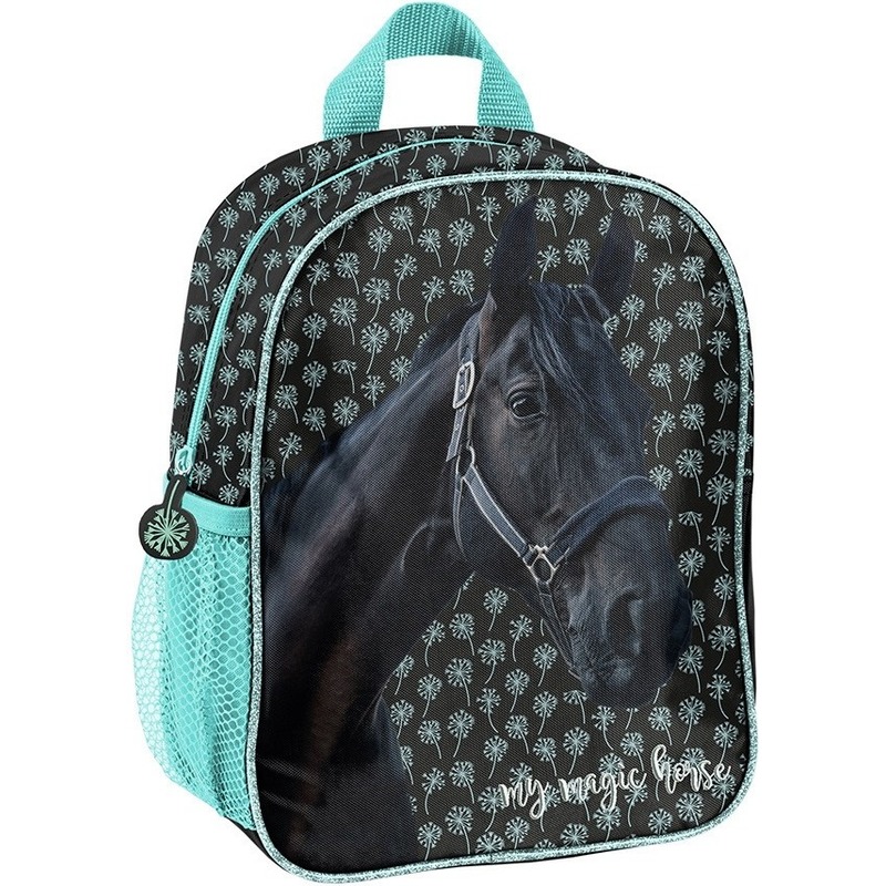 Paarden school rugzak blauw/zwart met merrie en veulen print voor meisjes 28 x 22 x 10 cm