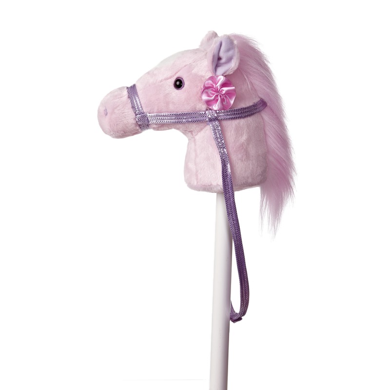 Pluche stokpaardje van een roze pony met geluid 94 cm