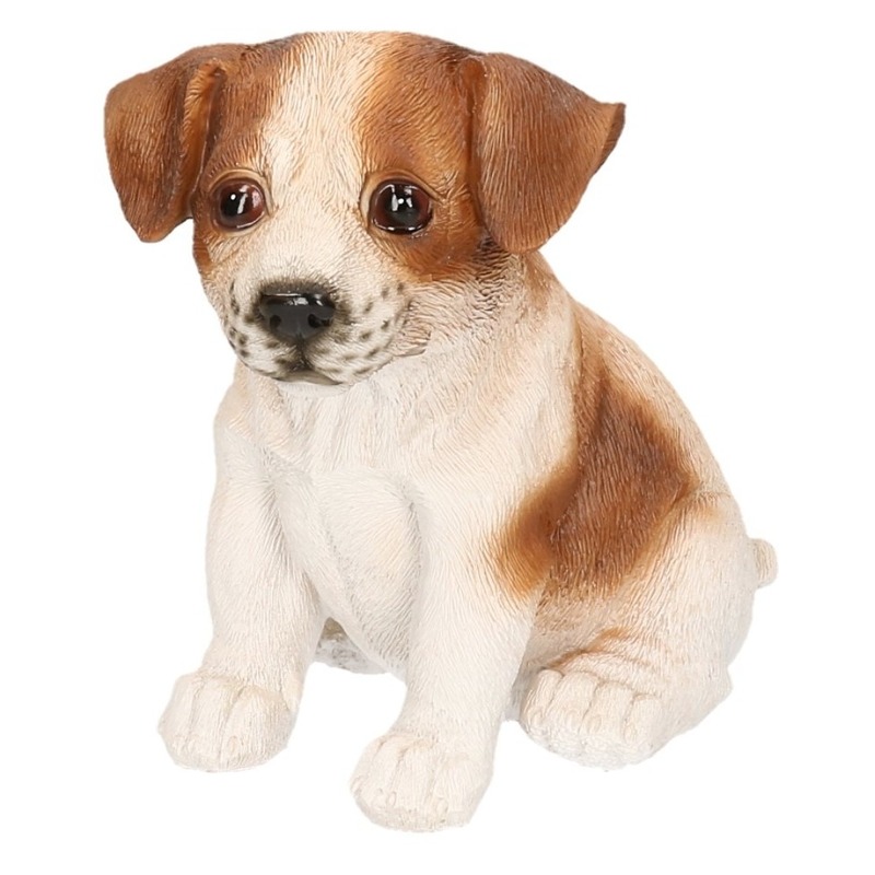 Polystone tuinbeeld bruin/wit Jack Russel puppy hondje 15 cm