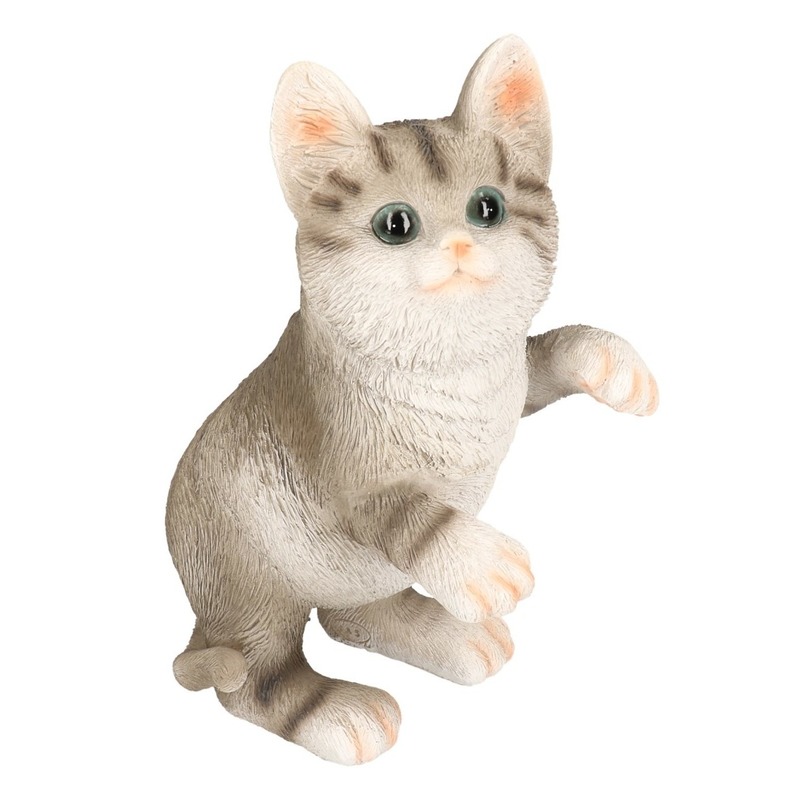 Afbeelding Polystone tuinbeeld grijze tabby katten/poezen kitten 24 cm door Animals Giftshop