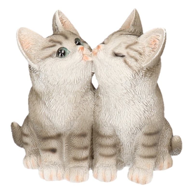 Polystone tuinbeeld grijze tabby katten/poezen kittens 20 cm