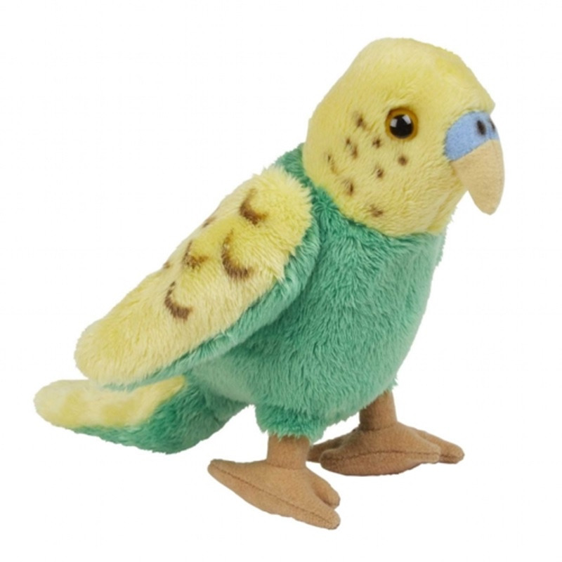 Ravensden Pluche Grasparkiet knuffel - groen/geel - 15 cm - speelgoed vogel knuffeldieren