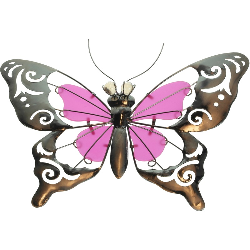 Roze metalen tuindecoratie vlinder 35 cm glow in the dark