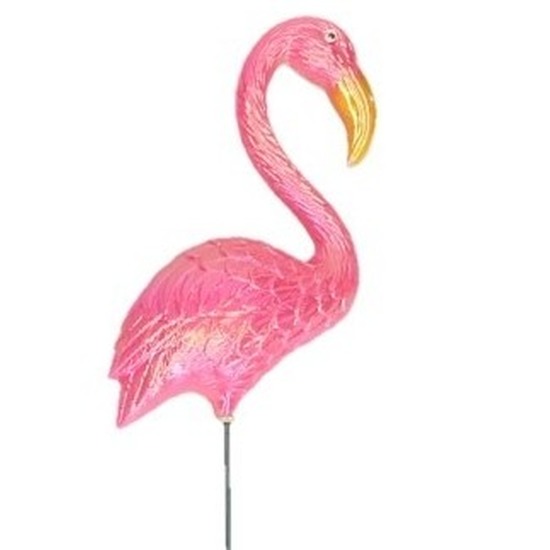 Roze tuindecoratie beeld flamingo vogel 60 cm op steker