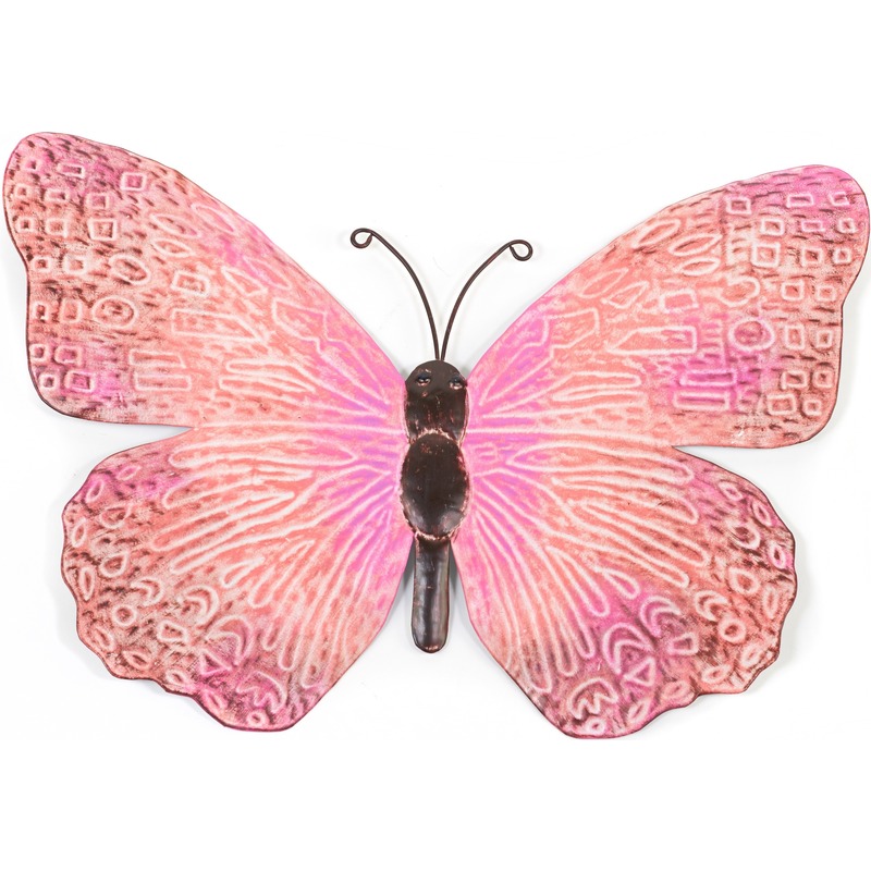 Roze/zwarte metalen tuindecoratie vlinder 39 cm
