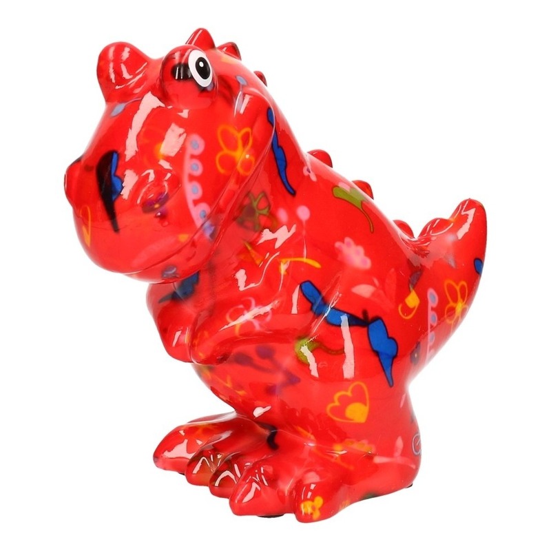 Spaarpot dinosaurus rood met bloem print 17 cm