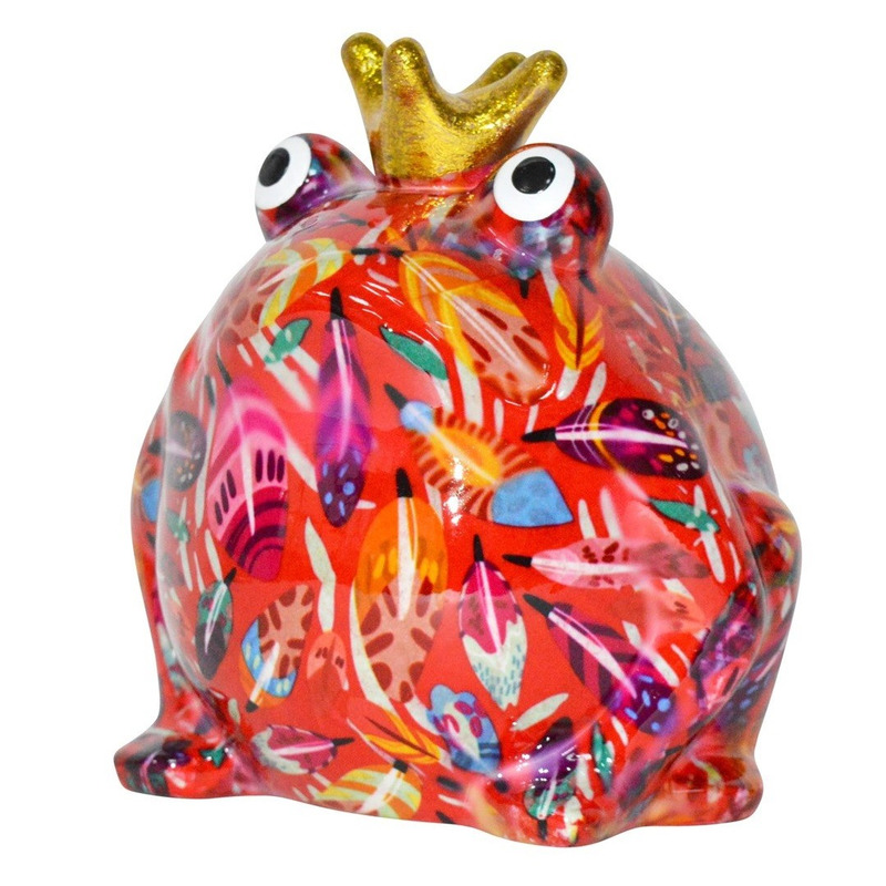 Afbeelding Spaarpot kikker met kroontje rood met veren print 16 cm door Animals Giftshop