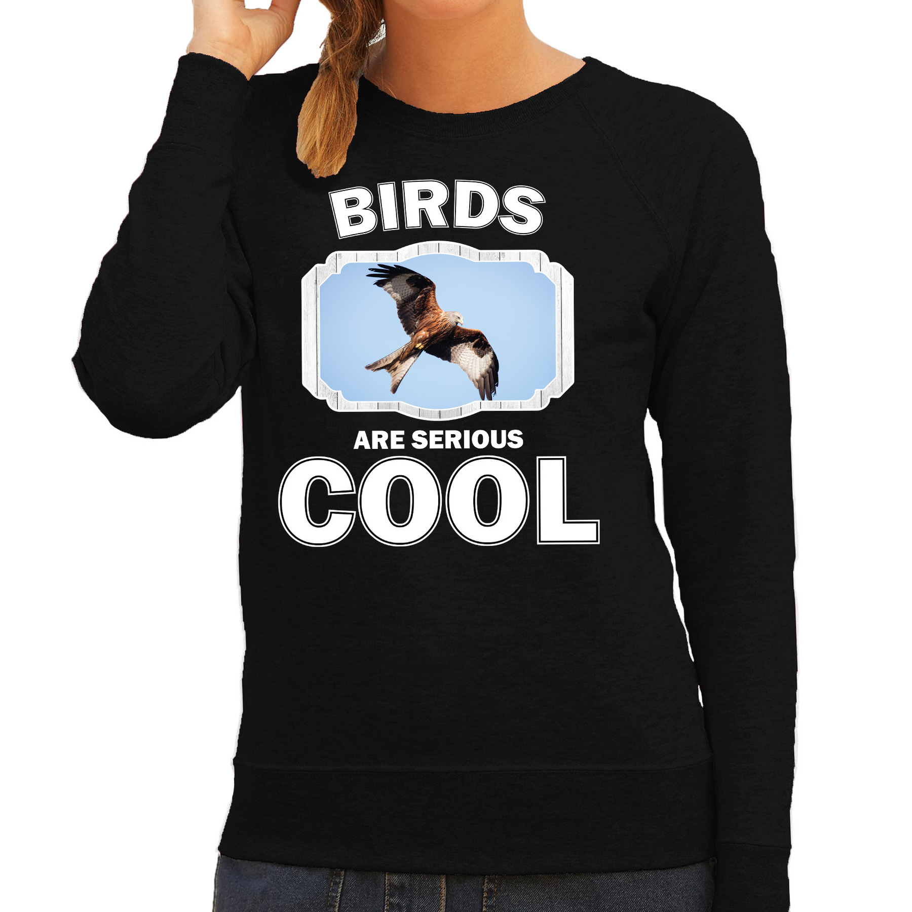 Sweater birds are serious cool zwart dames - arenden/ rode wouw roofvogel trui