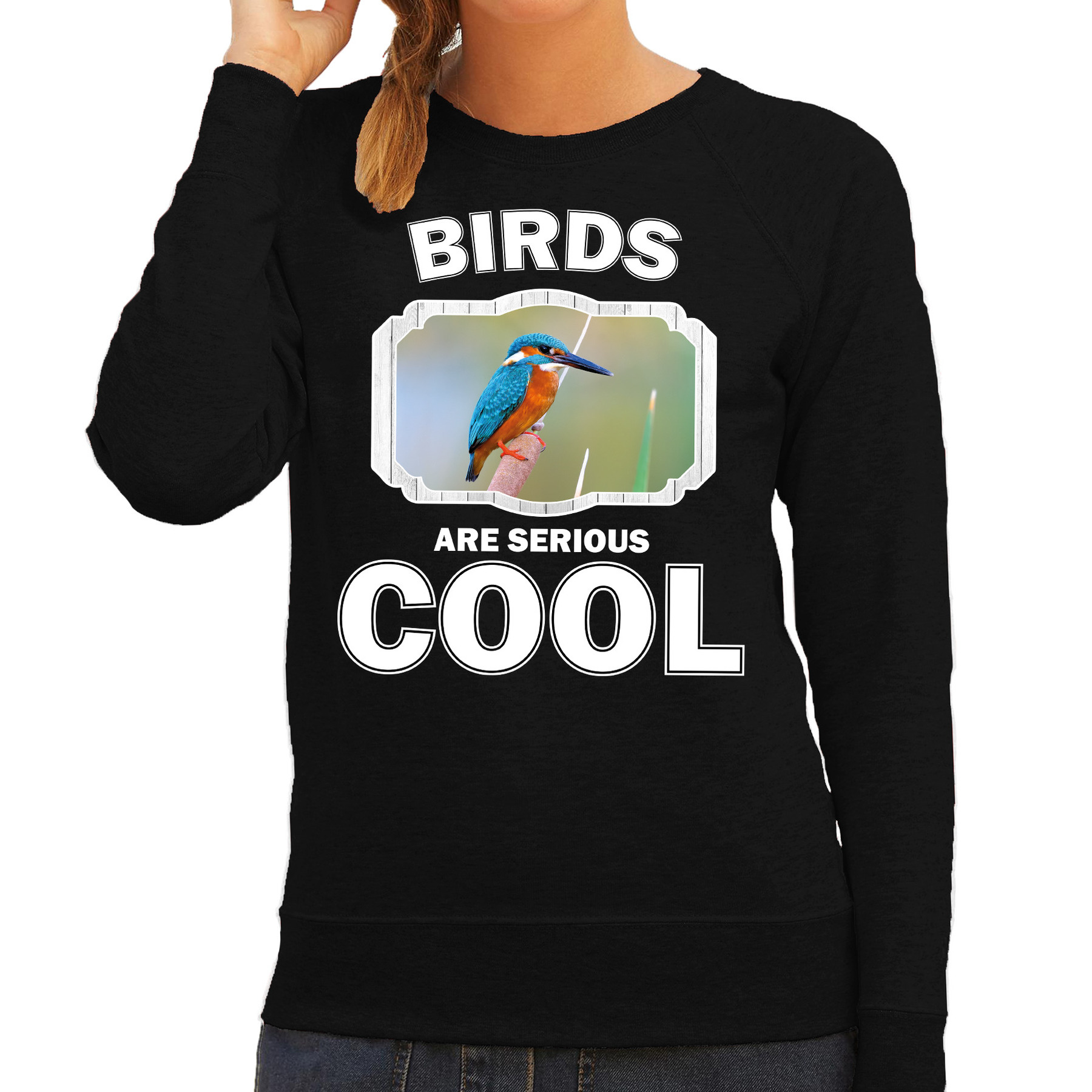 Sweater birds are serious cool zwart dames - vogels/ ijsvogel trui