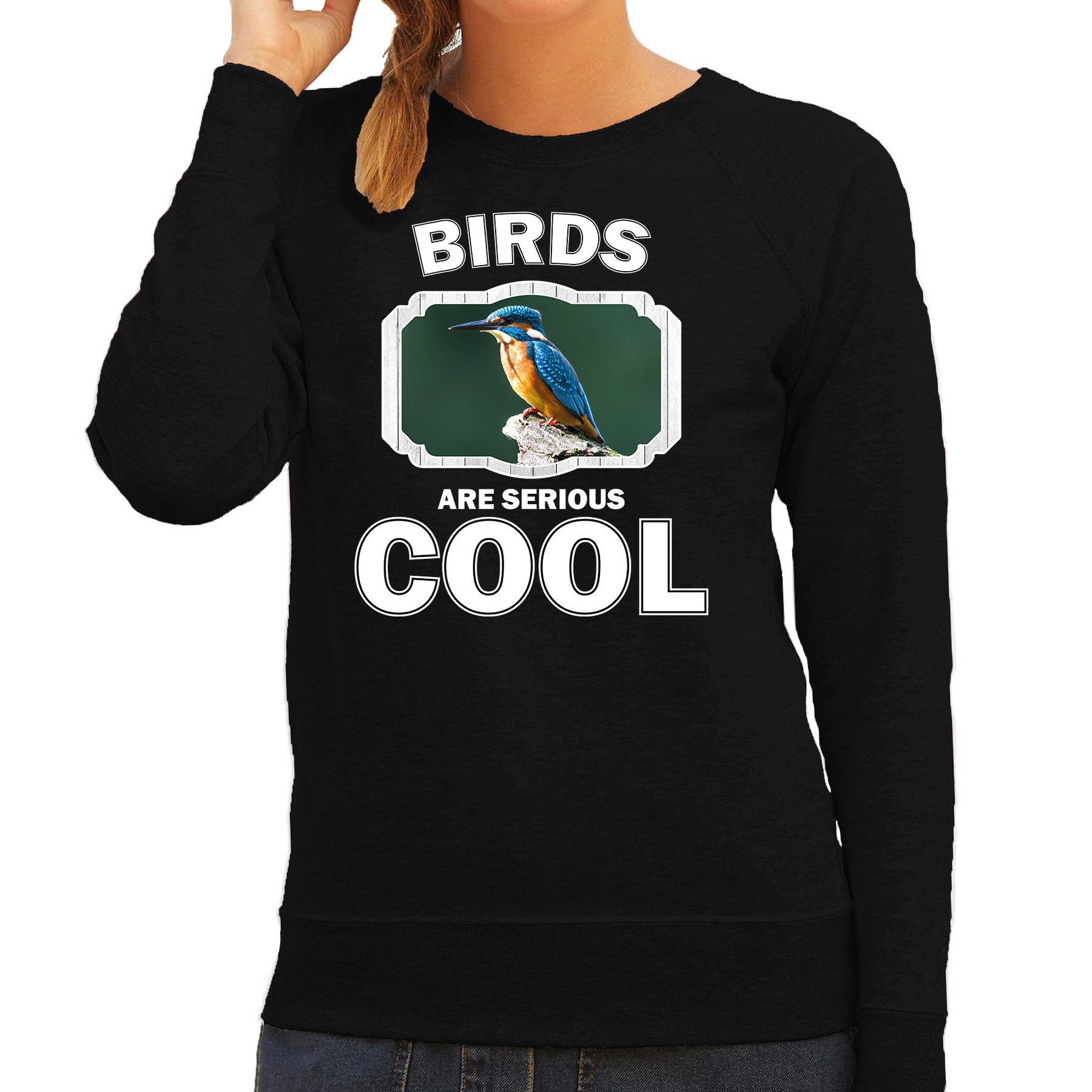 Sweater birds are serious cool zwart dames - vogels/ ijsvogel zittend trui