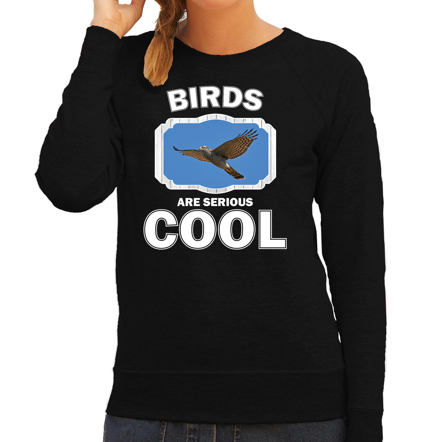 Sweater birds are serious cool zwart dames - vogels/ vliegende havik roofvogel trui