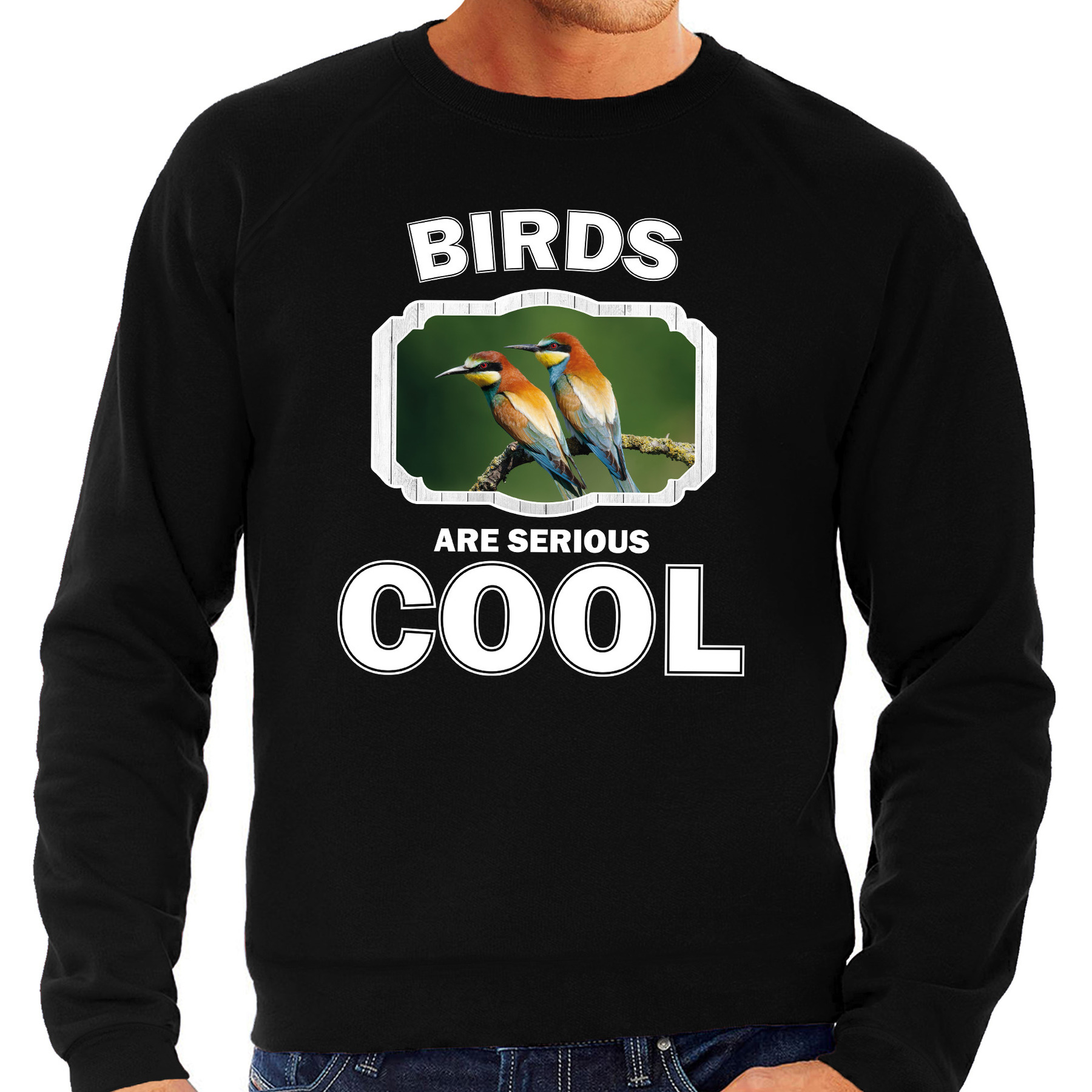 Sweater birds are serious cool zwart heren - vogels/ bijeneter vogel trui