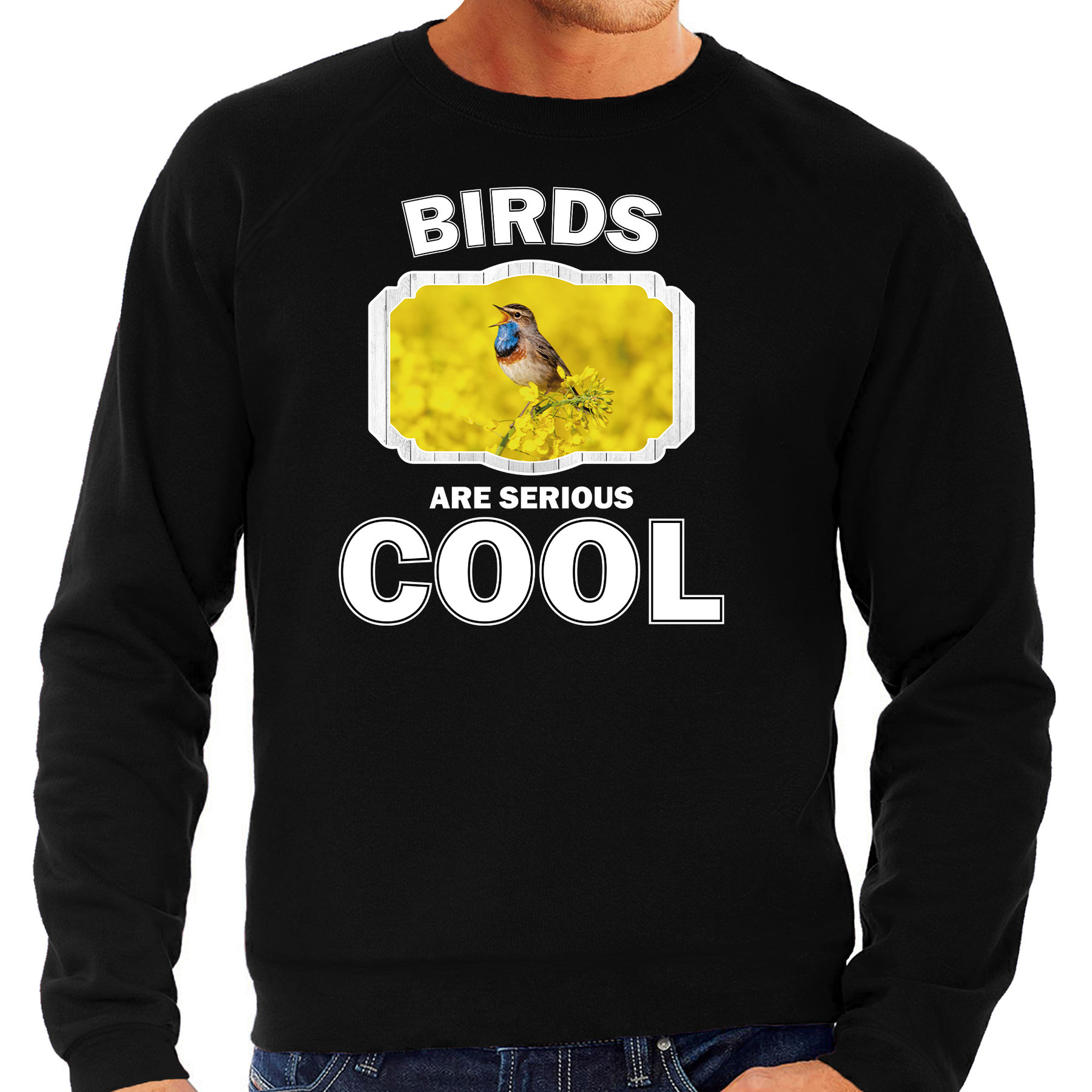 Sweater birds are serious cool zwart heren - vogels/ blauwborst vogel trui