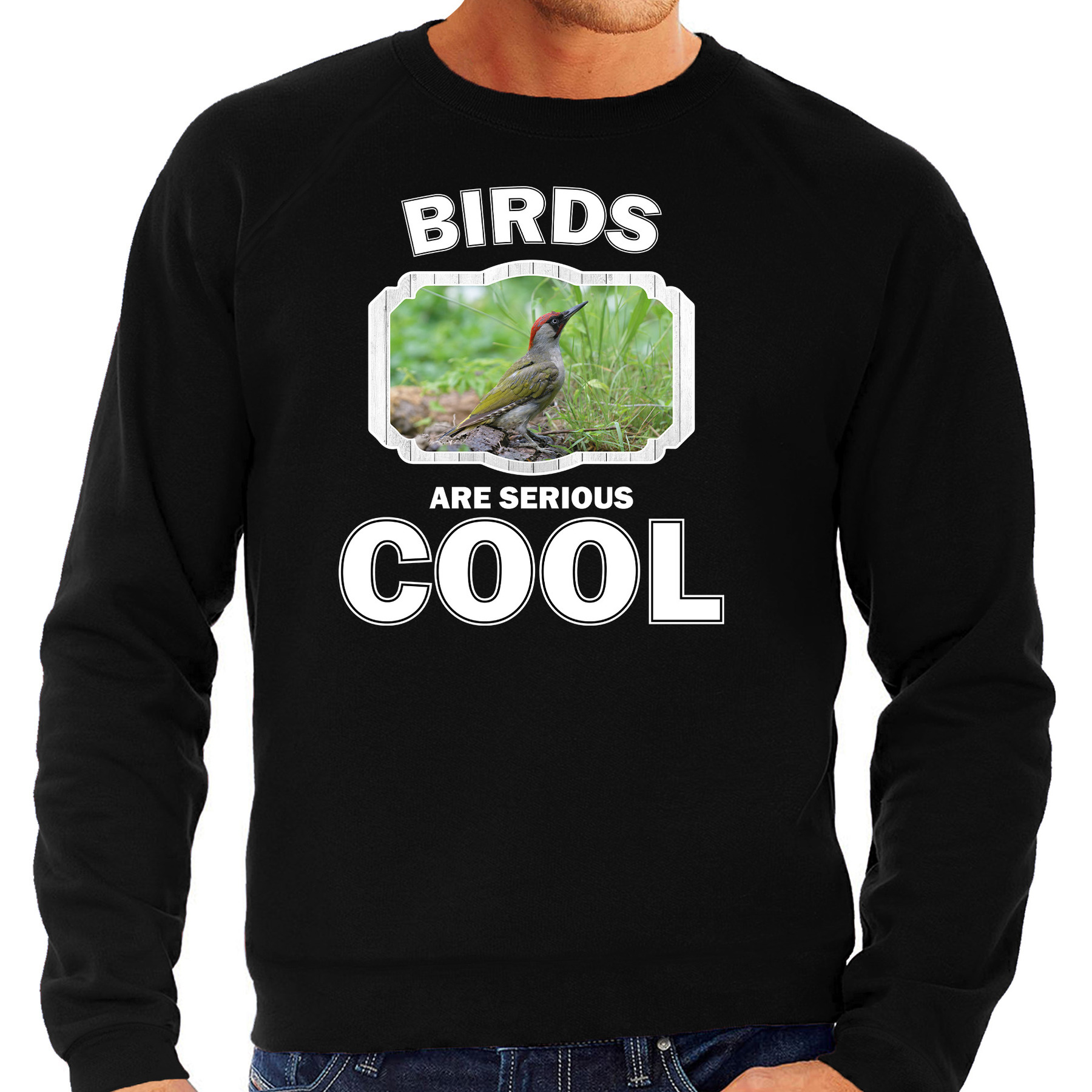 Sweater birds are serious cool zwart heren - vogels/ groene specht trui