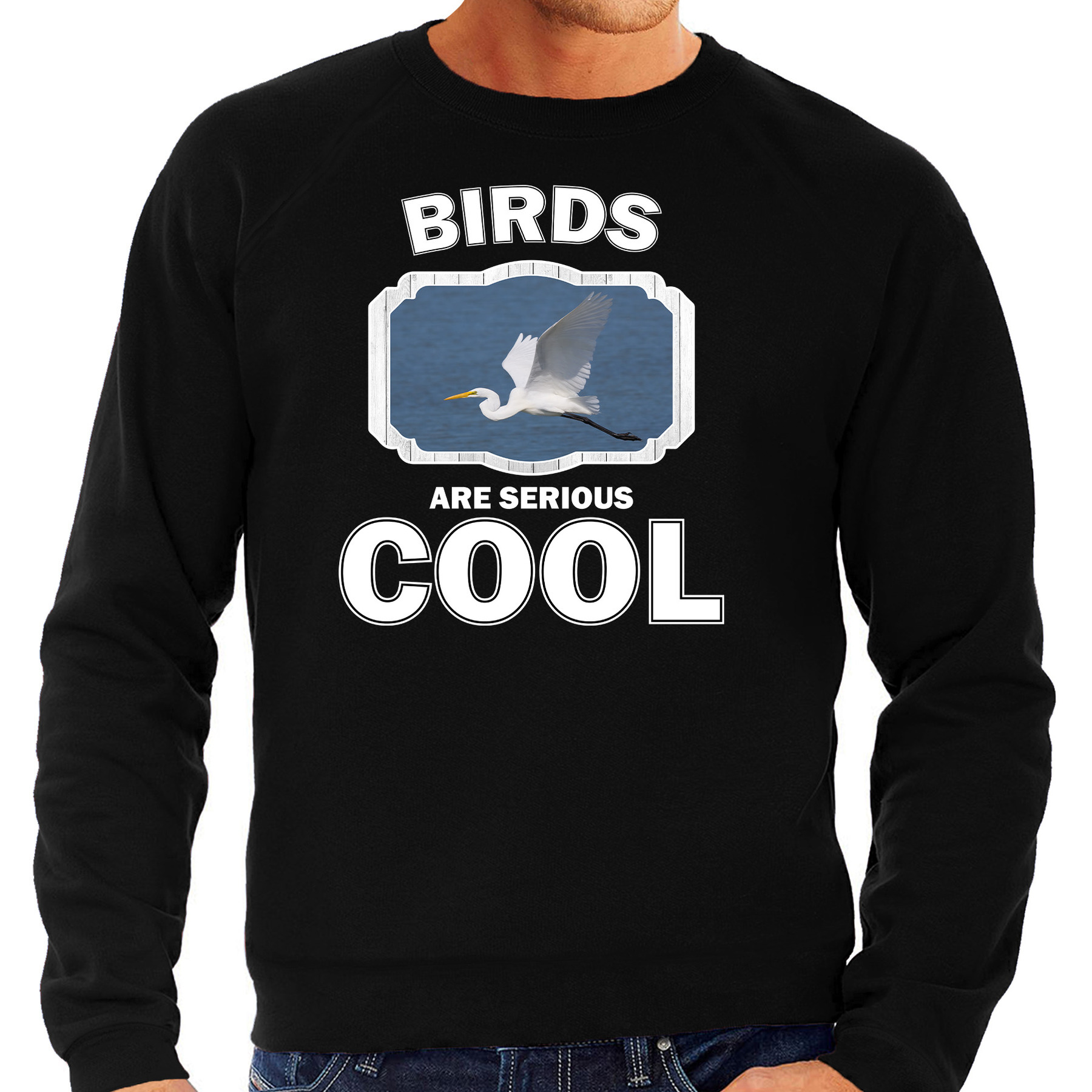 Sweater birds are serious cool zwart heren - vogels/ grote zilverreiger trui