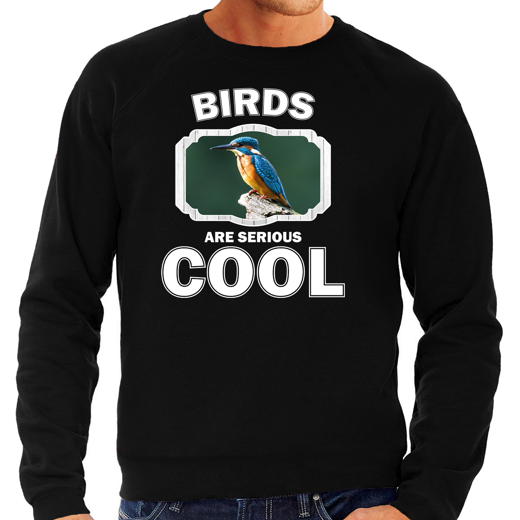 Sweater birds are serious cool zwart heren - vogels/ ijsvogel zittend trui