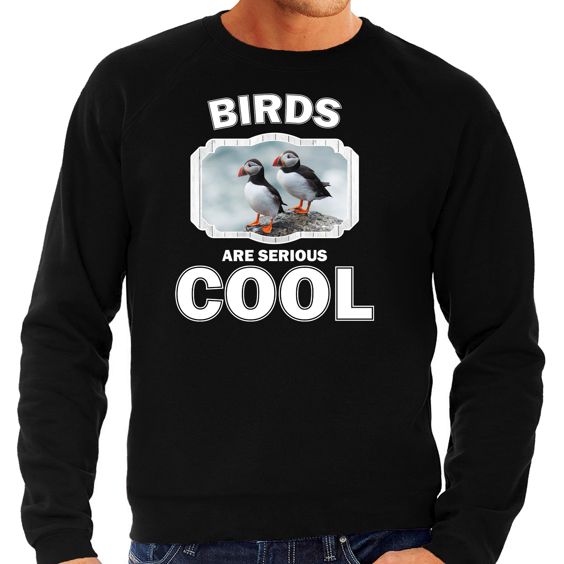 Sweater birds are serious cool zwart heren - vogels/ papegaaiduiker vogel trui