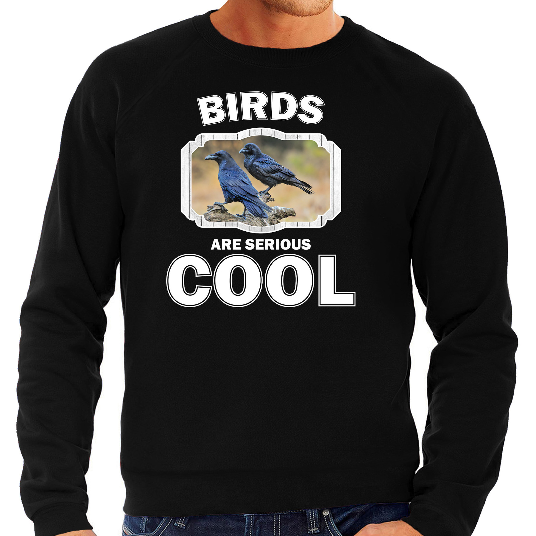 Sweater birds are serious cool zwart heren - vogels/ raaf trui
