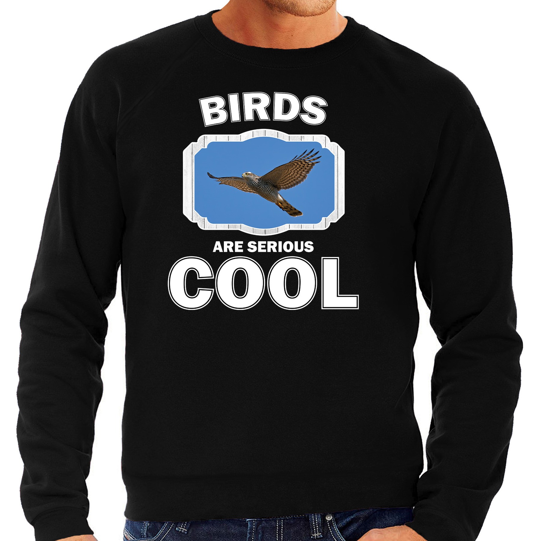 Sweater birds are serious cool zwart heren - vogels/ vliegende havik roofvogel trui