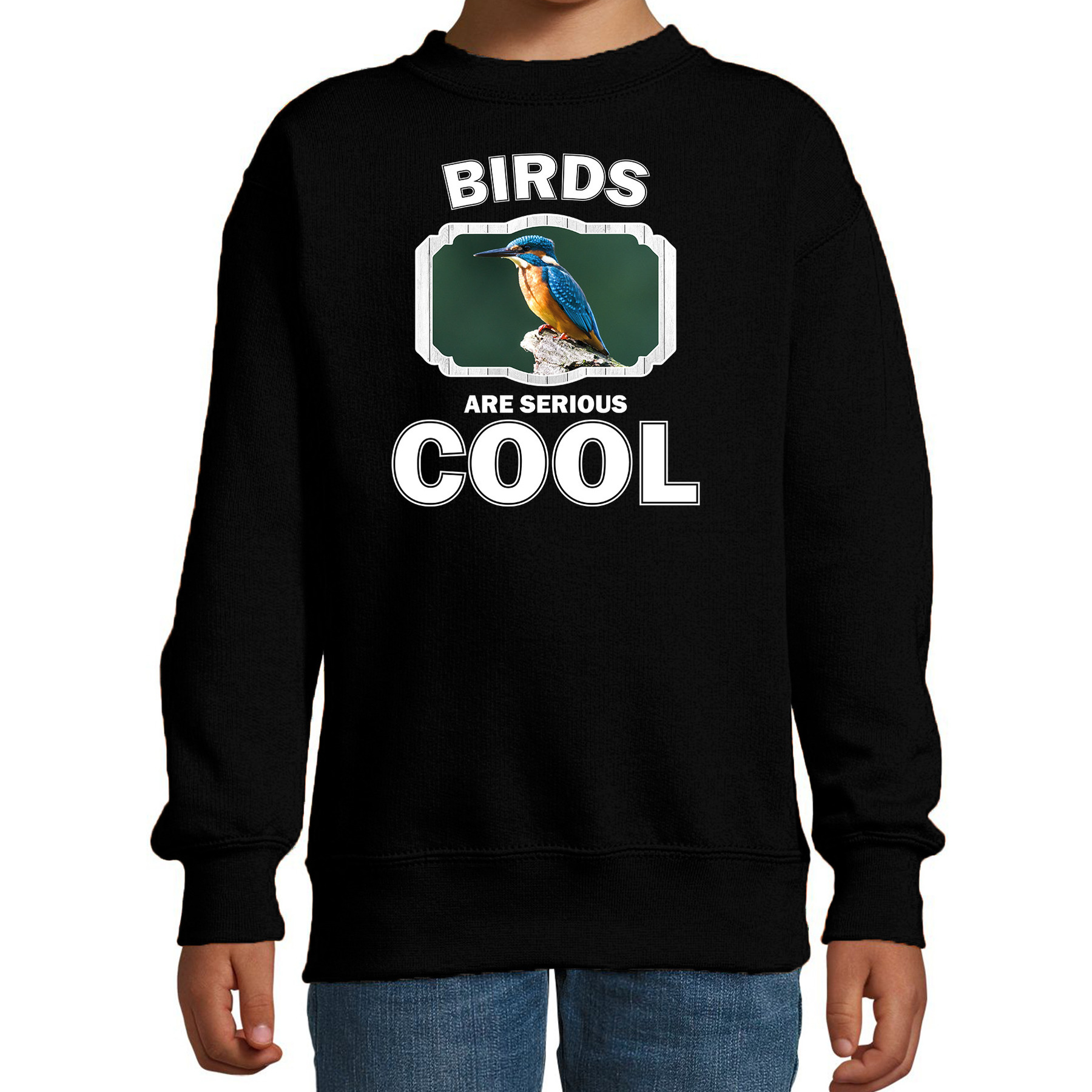 Sweater birds are serious cool zwart kinderen - vogels/ ijsvogel zittend trui
