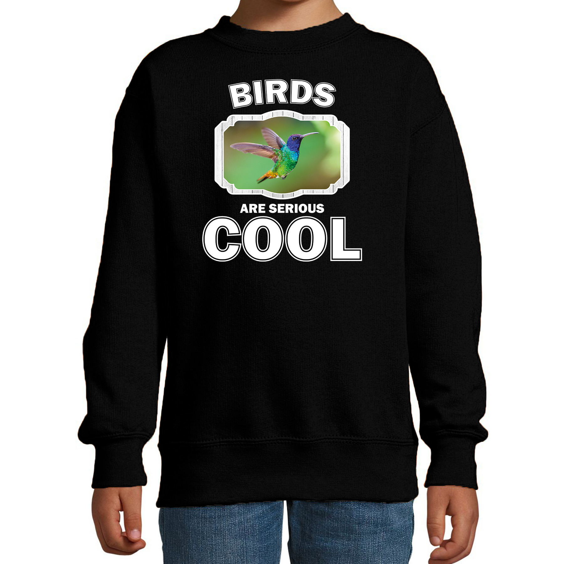 Sweater birds are serious cool zwart kinderen - vogels/ kolibrie vogel vliegend trui