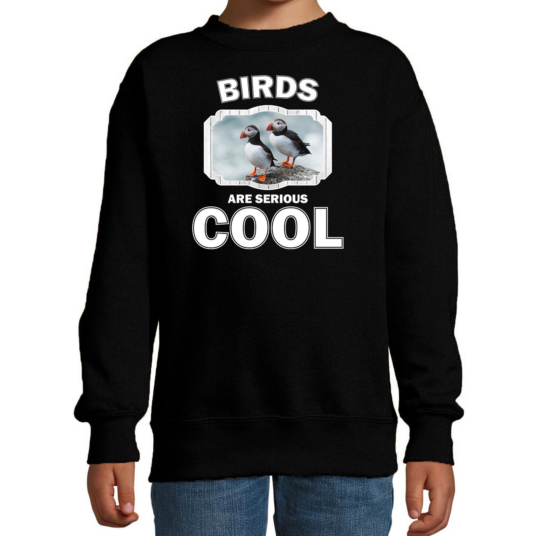 Sweater birds are serious cool zwart kinderen - vogels/ papegaaiduiker vogel trui