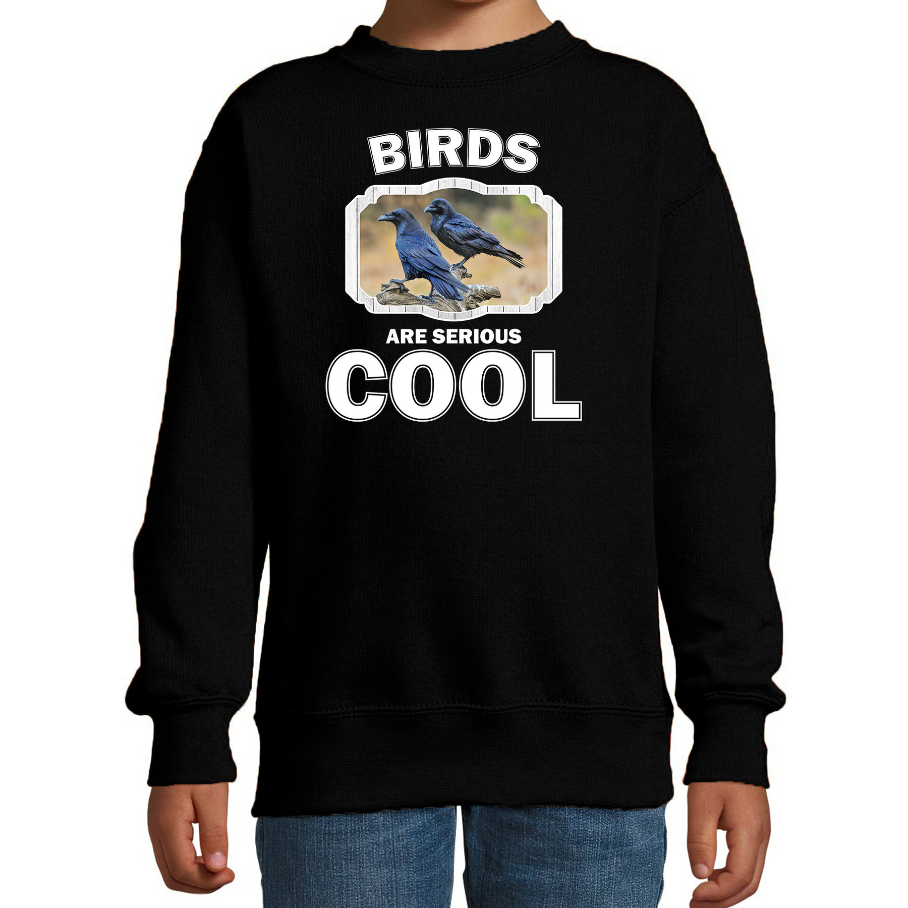 Sweater birds are serious cool zwart kinderen - vogels/ raaf trui