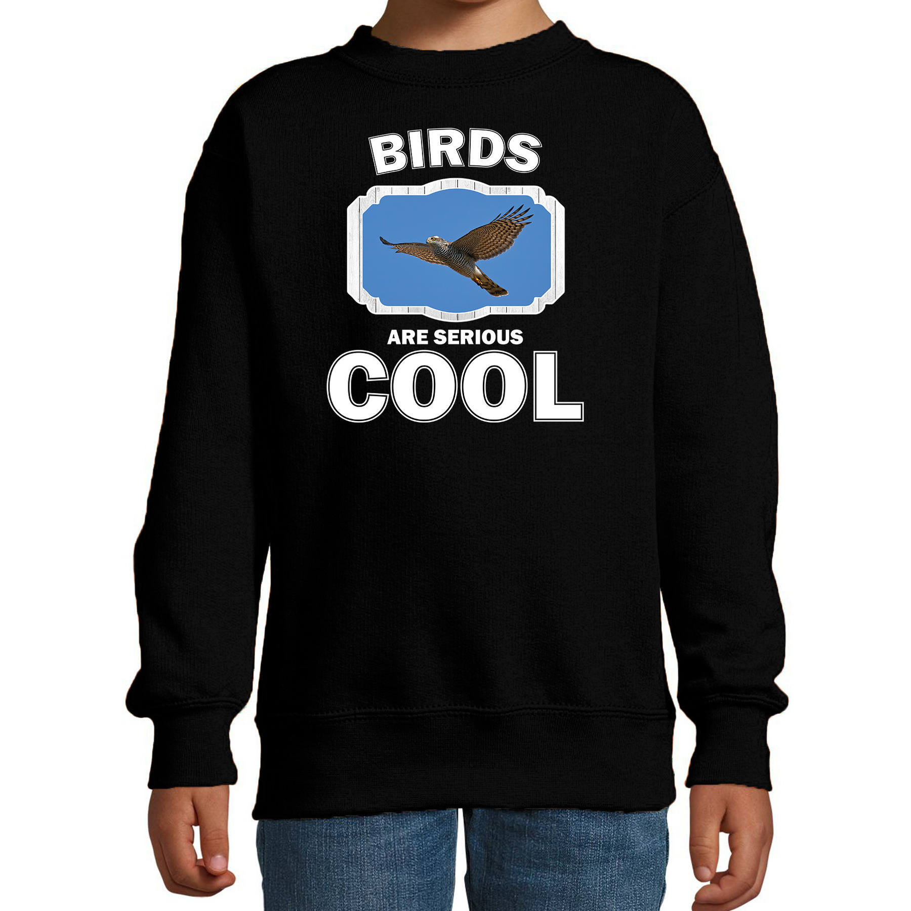 Sweater birds are serious cool zwart kinderen - vogels/ vliegende havik roofvogel trui