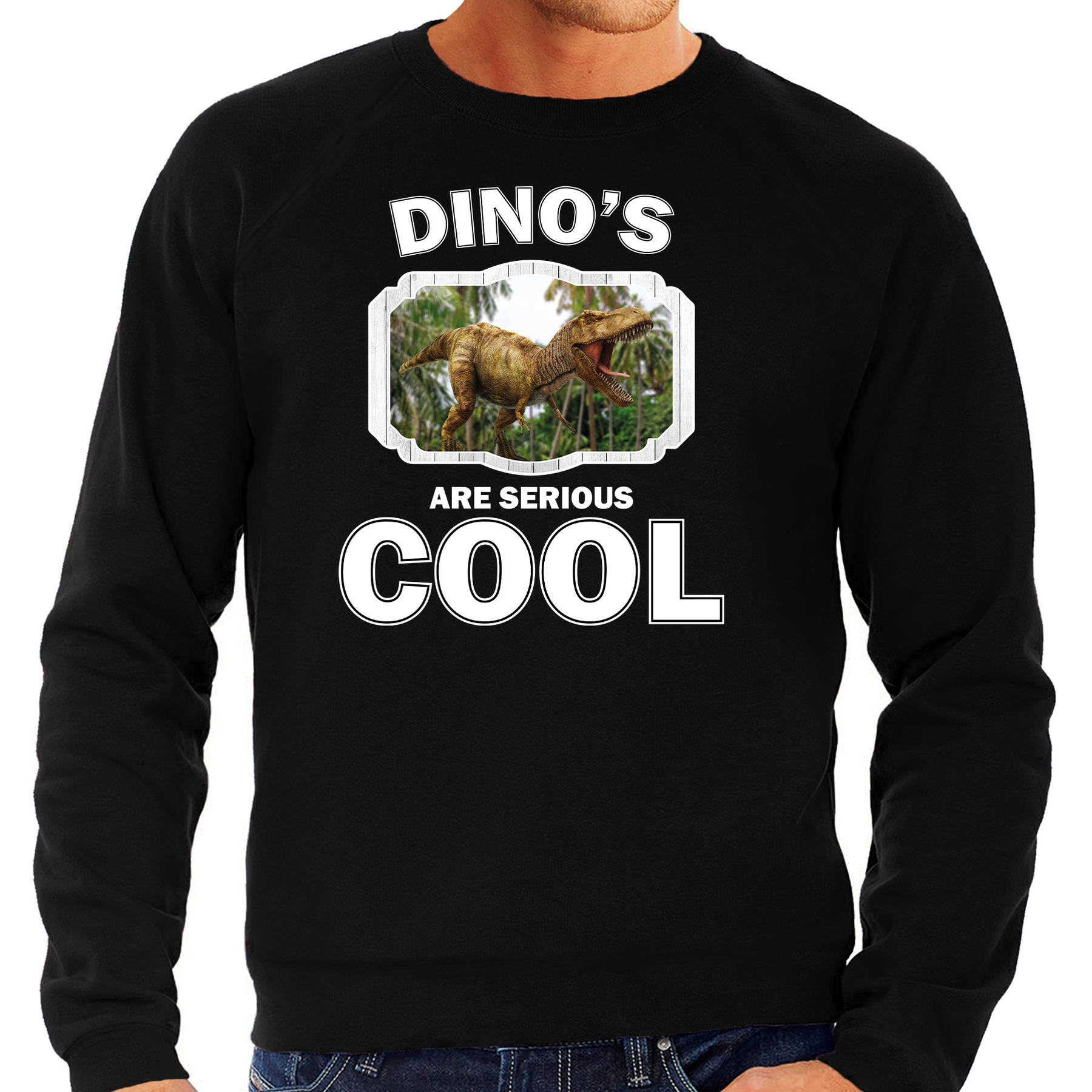 Sweater dinosaurs are serious cool zwart heren - dinosaurussen/ brullende t-rex dinosaurus trui