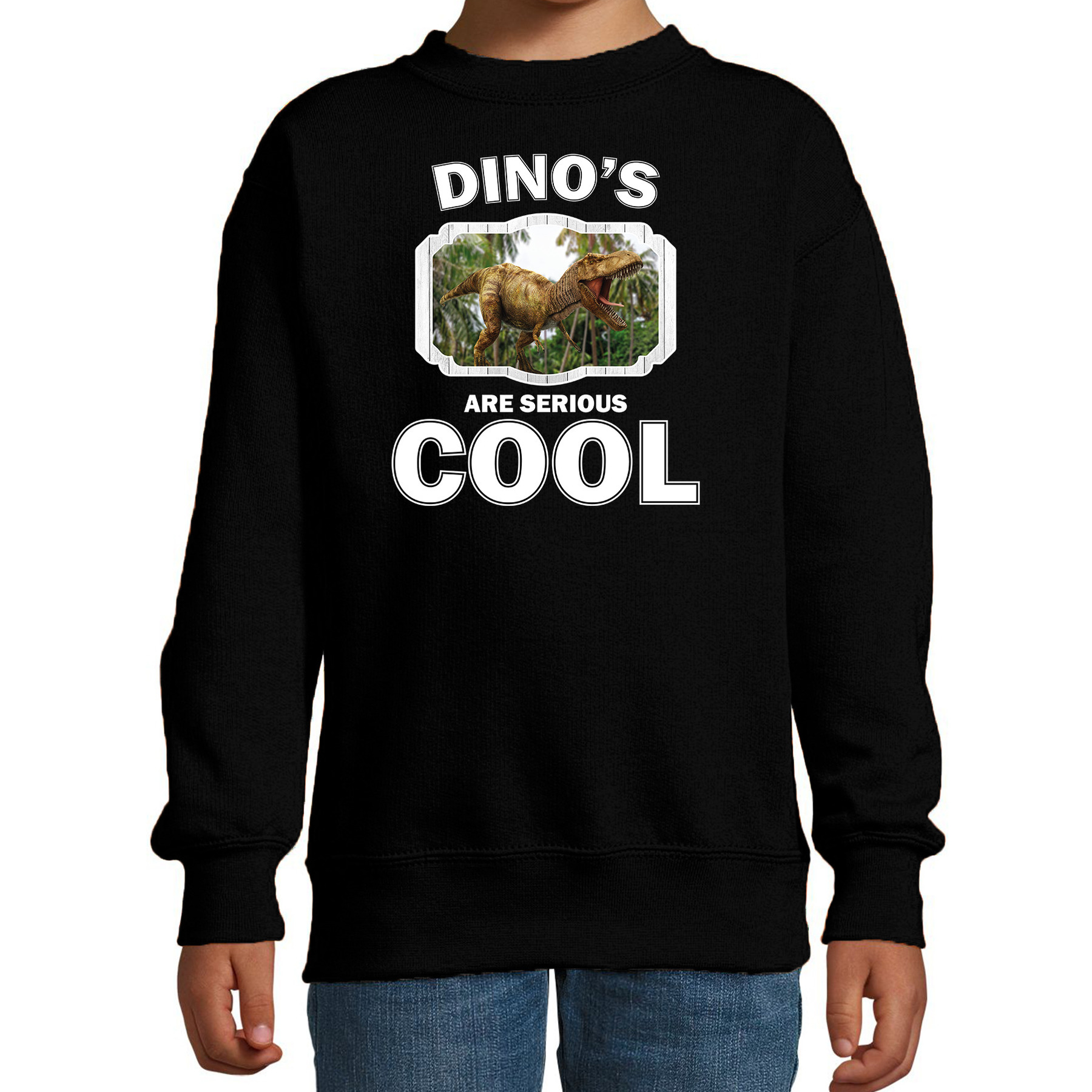 Sweater dinosaurs are serious cool zwart kinderen - dinosaurussen/ brullende t-rex dinosaurus trui
