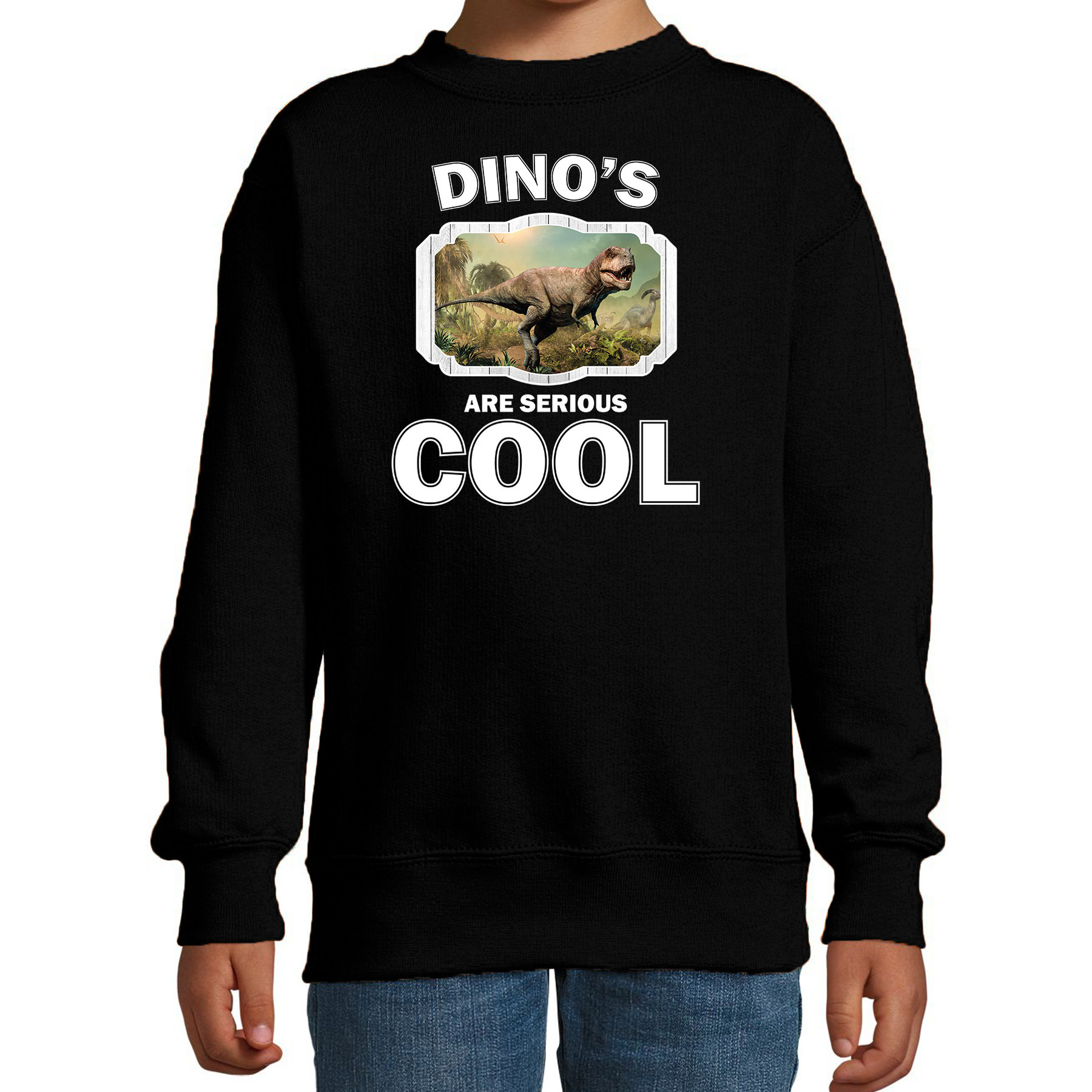 Afbeelding Sweater dinosaurs are serious cool zwart kinderen - dinosaurussen/ stoere t-rex dinosaurus trui door Animals Giftshop