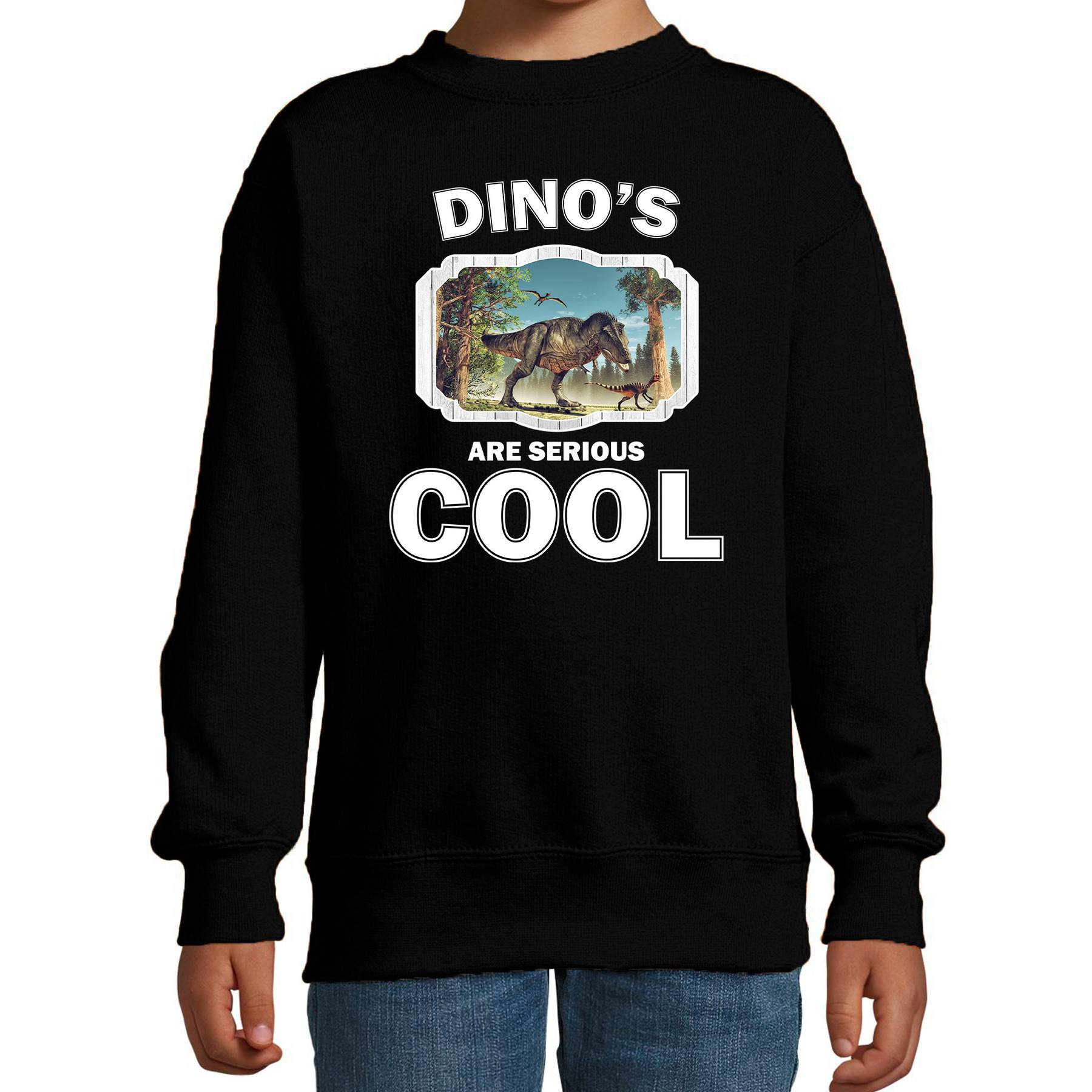 Sweater dinosaurs are serious cool zwart kinderen - dinosaurussen/ t-rex dinosaurus trui