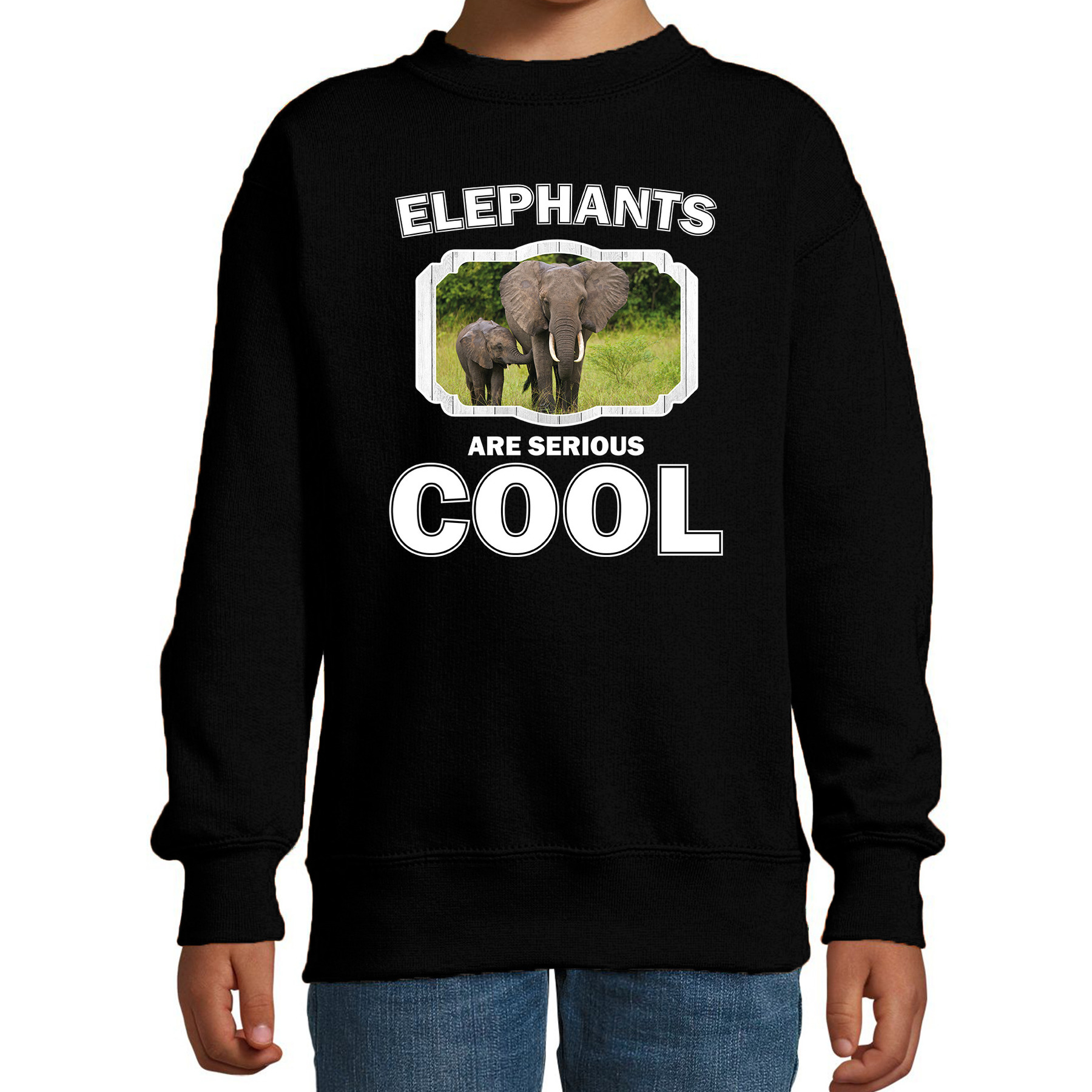 Sweater elephants are serious cool zwart kinderen - olifanten/ olifant met kalf trui