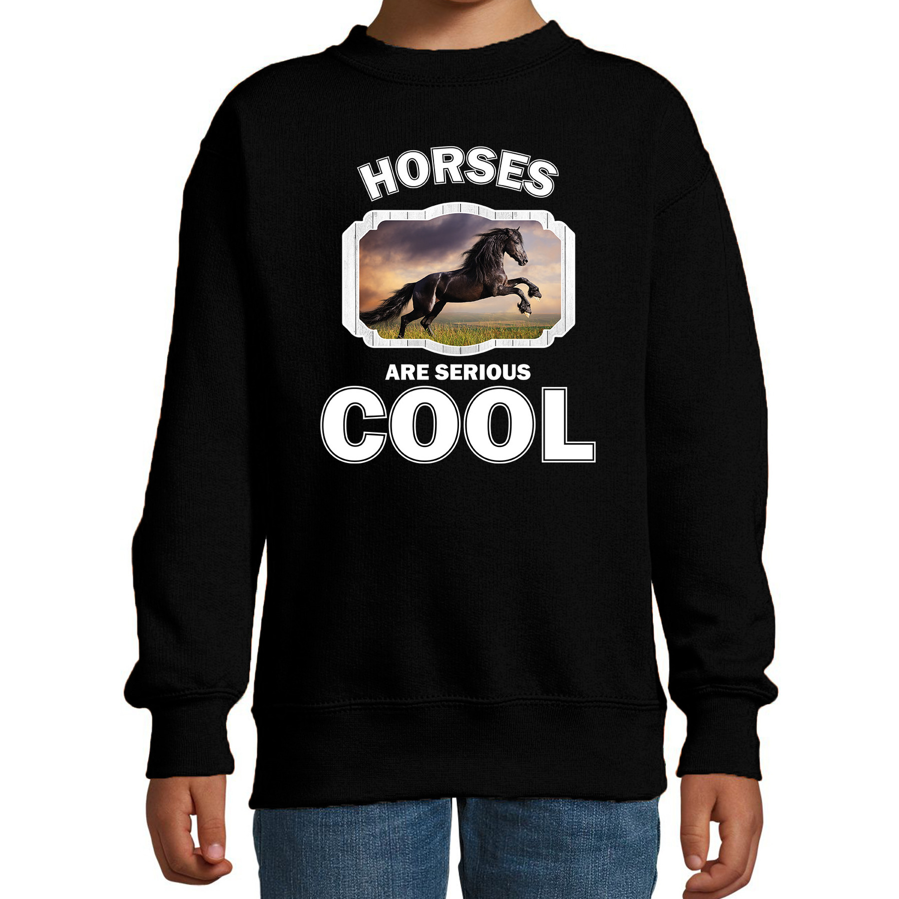 Sweater horses are serious cool zwart kinderen - paarden/ zwart paard trui